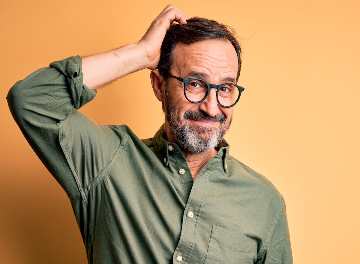 Middle,Age,Hoary,Man,Wearing,Casual,Green,Shirt,And,Glasses
